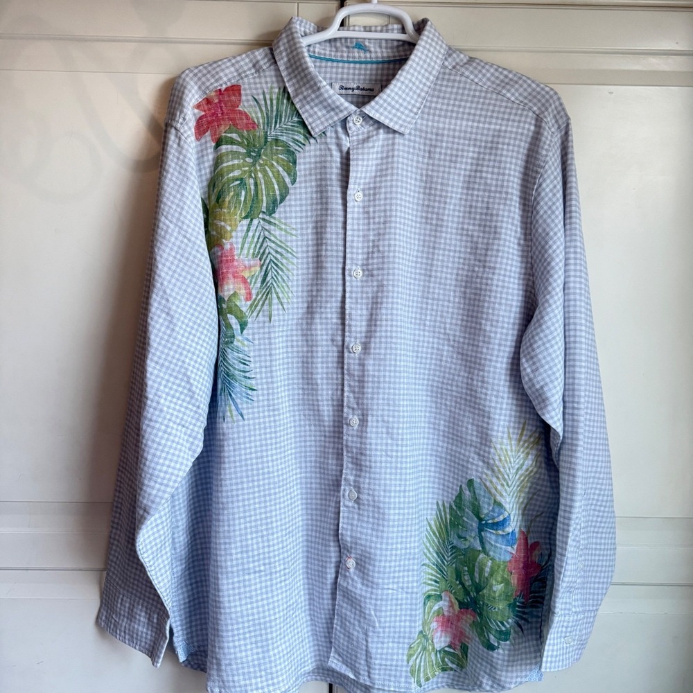 Tommy Bahama Mens XXL Gray Gingham Tropical Floral Linen Blend Button Down Shirt